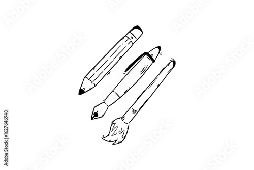 Pencil, pen and paint brush hand drawn vector icon illustration