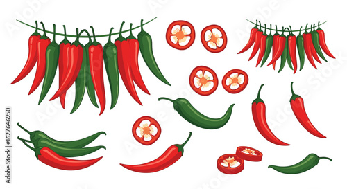 Vibrant assortment of fresh red and green chili peppers and slices capturing culinary spice and flavor