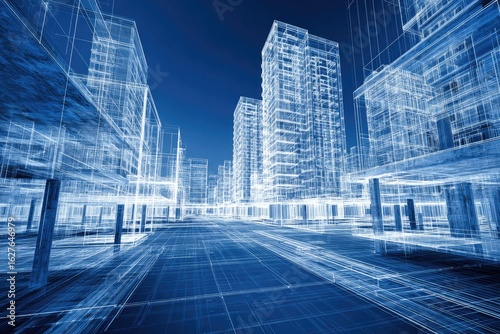 Wireframe city model showing architectural structures.