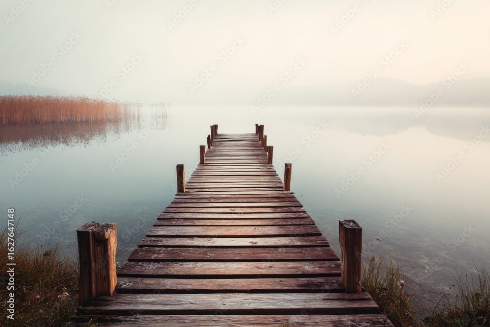 Fototapeta premium An empty wooden dock over a still lake reflects morning mist and solitude in a peaceful nature scene.