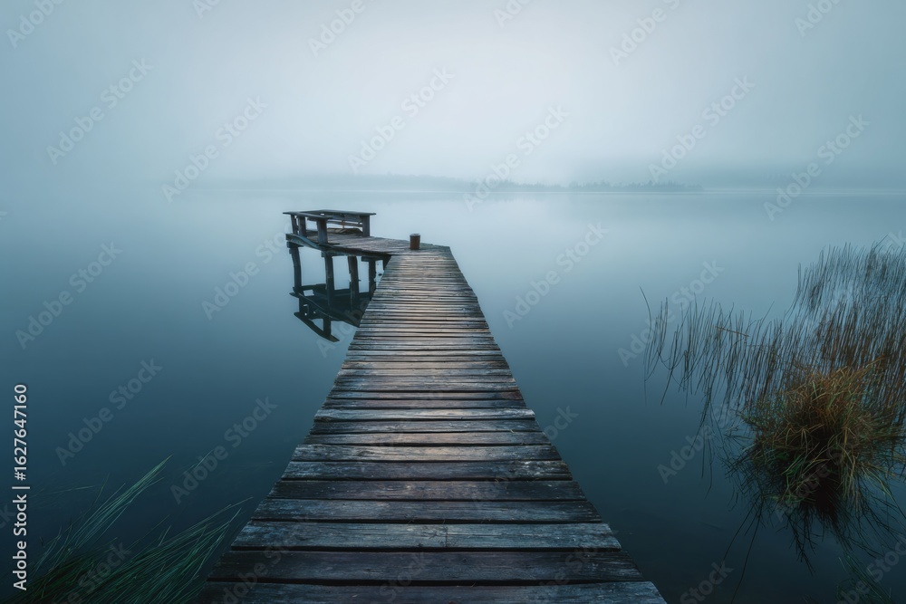 Fototapeta premium An empty wooden dock over a still lake reflects morning mist and solitude in a peaceful nature scene.