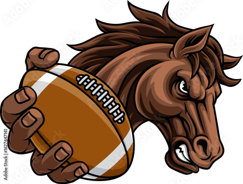 Horse mustang bronco stallion American football angry sports team mascot holding a ball.