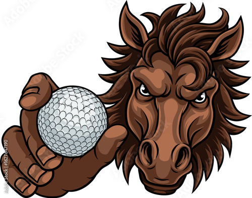 Horse mustang bronco stallion angry golf sports team mascot holding a ball.