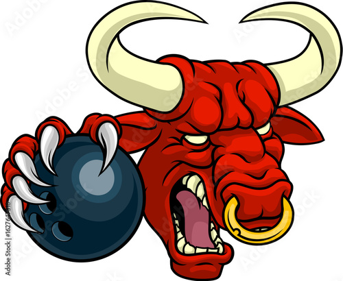 A bull or Minotaur monster longhorn cow angry mean ten pin bowing mascot cartoon.
