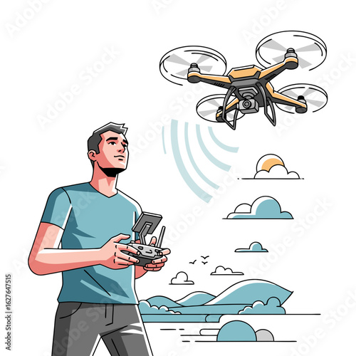 A focused young man in a blue tshirt operating a yellow quadcopter drone with a remote controller depicted in a clean modern illustration style.