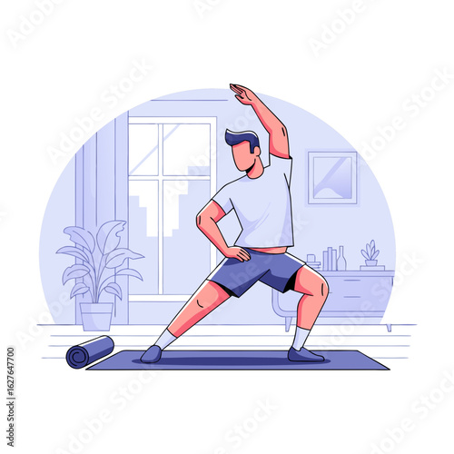 Energetic Man Performing Dynamic Lunge Stretch on Yoga Mat Flat Vector Illustration.