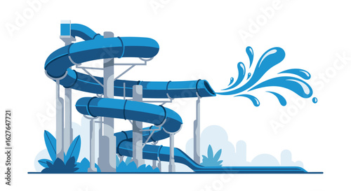 Thrilling blue water slide adventure with splashing water and lush greenery