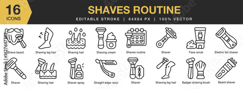 Shaves Routine icon set. Editable Stroke Icon Collection. Includes hygiene, routine, skin, skincare, care, and More. Outline icons vector collection.