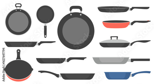 Diverse assortment of kitchen cooking pans frying skillet and wok collection