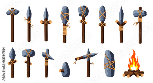 Ancient primitive weapons and tools for survival and hunting in prehistoric times