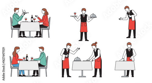 Professional restaurant service staff assisting diners with food and beverage presentation