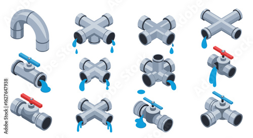 Water piping system components plumbing fittings and valves with dripping water