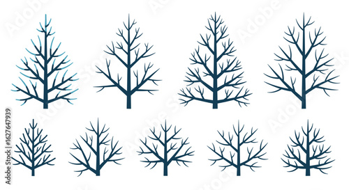 Collection of stylized bare winter tree silhouettes with branching patterns representing cold season nature