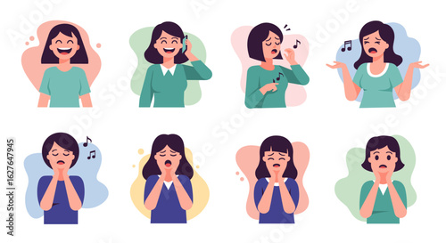 Collection of women expressing various emotions and sounds through facial gestures and body language