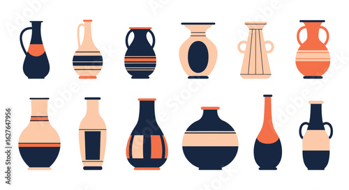 Collection of decorative ceramic vases with artistic geometric patterns in earth tones