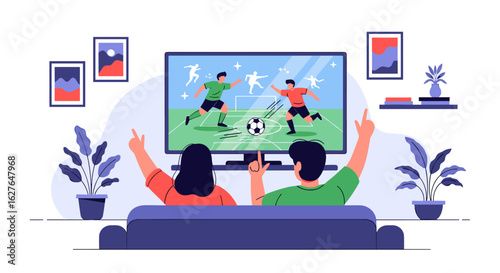 Couple enjoying watching soccer match on television together in living room entertainment