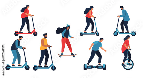 Modern urban mobility options featuring diverse people riding electric scooters skateboards and hoverboards in city environments