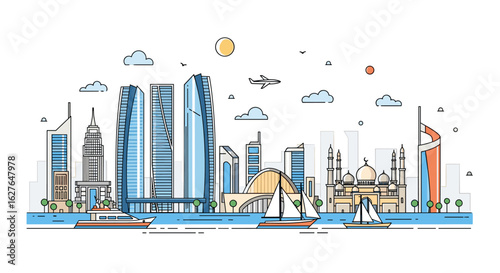 Modern architectural cityscape with boats and buildings on the waterfront
