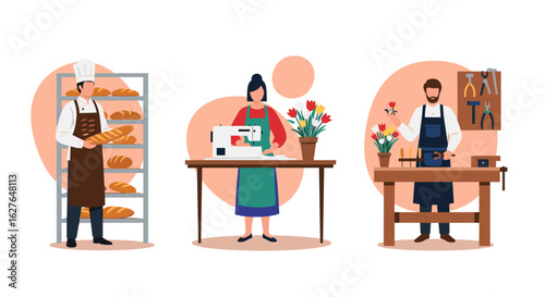 Skilled artisans crafting delicious bread sewing garments and forging metal goods