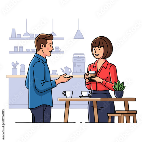 Man in blue shirt talking to a woman in red shirt holding coffee during a break.