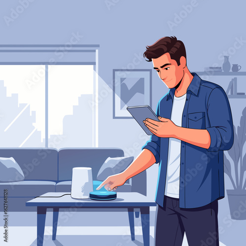 Man with a sleek black prosthetic arm holding a tablet and interacting with a smart home device.