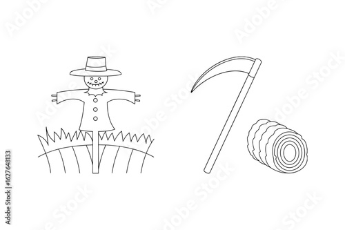 Scarecrow with scythe and hay bale autumn harvest