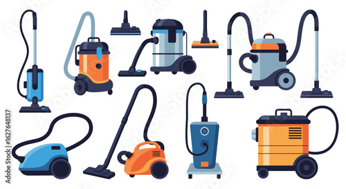 A diverse collection of modern vacuum cleaners for home and professional cleaning needs