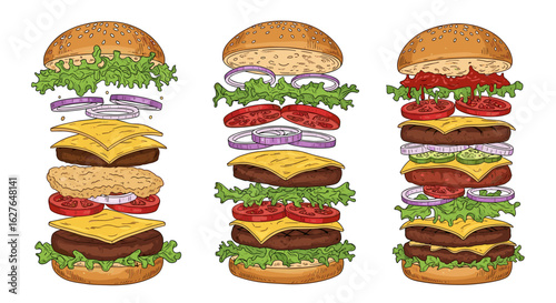 Delicious double decker burger stacked high with fresh ingredients for a savory meal