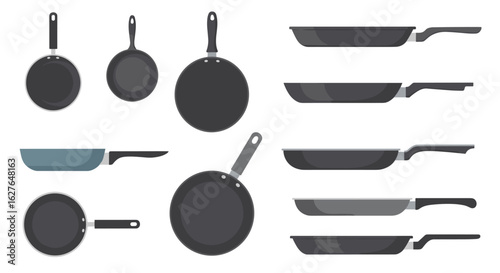 Collection of modern frying pans and skillets for culinary preparation