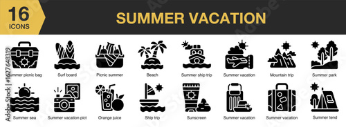 Summer Vacation solid icon set. Includes tropical, sea, ocean, water, relax, and More. Solid icons vector collection.