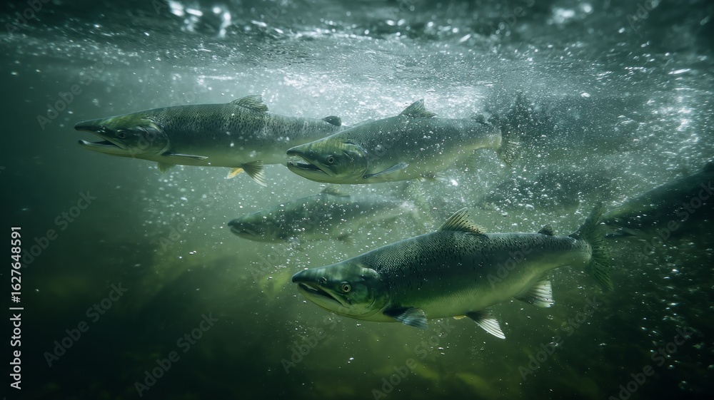Fototapeta premium Majestic salmon swim in sunlit underwater realm. AI image