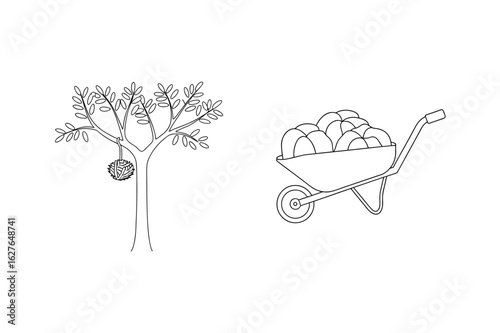 Tree with nest and wheelbarrow full of fruit branches