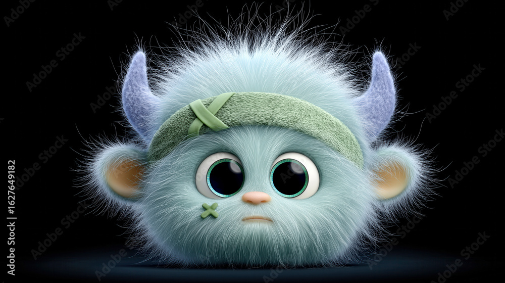 Fototapeta premium Cute Fluffy Monster with Blue Fur and Horns in Animated Style