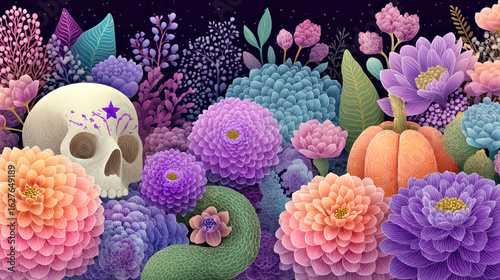 Colorful Floral Fantasy with Skull and Pumpkin: Whimsical and Mystical Evening Garden Scene