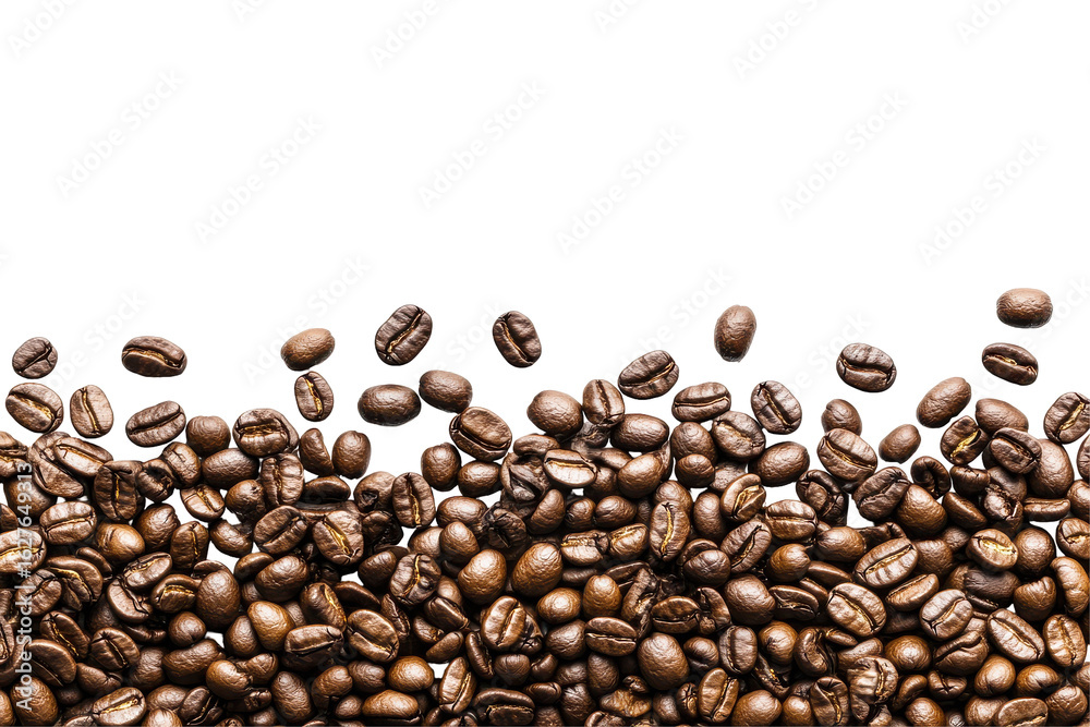 Naklejka premium Pile of roasted coffee beans falling isolated on transparent background. Row of Panoramic coffee beans isolated on white background.