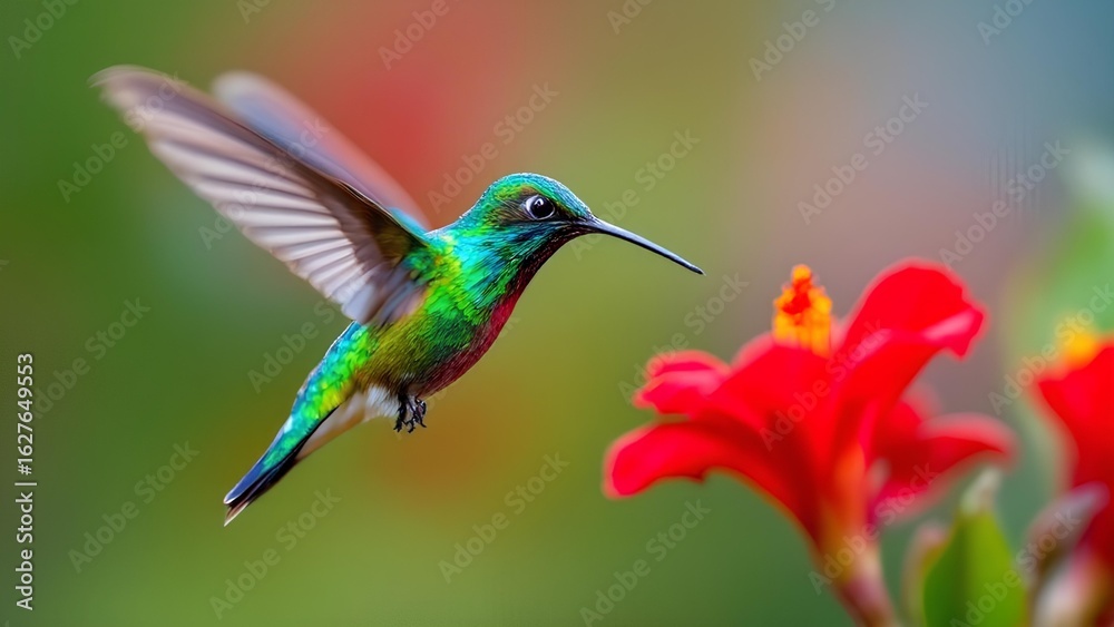 Fototapeta premium Vibrant Hummingbird Hovering Near Red Flowers in Tropical Garden