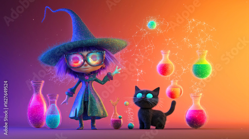 Enchanting Young Witch and Black Cat with Colorful Potions in a Magical Laboratory Setting