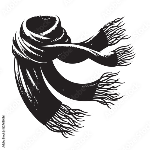 black Winter scarf blowing in wind Silhouette Vector, High Quality Illustration on White Background
