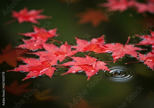 Colorful fall maple leaves float on the water, reflecting the vibrant autumn season