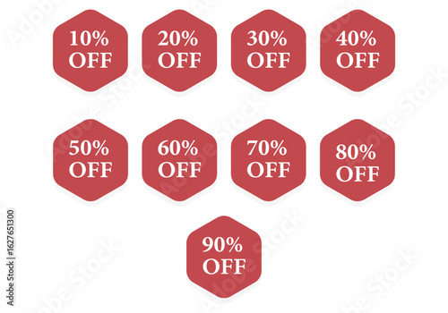 Special offer discount on red tags with different value percent off 90, , 80,  70, , 60, , 50, , 40, , 30, , 20, , and 10% price icon design best logo