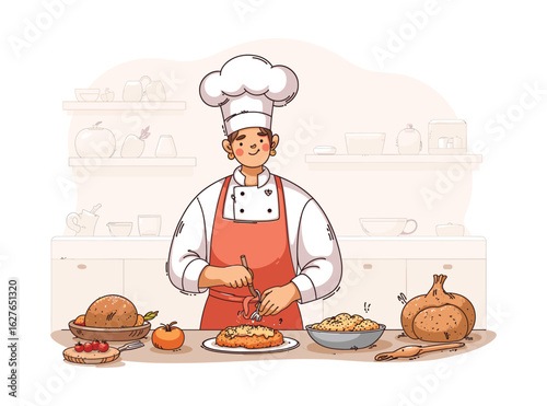 Chef preparing Meal: An illustration of a chef meticulously preparing a meal, showcasing culinary skills and precision in a kitchen setting.