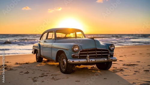 Vintage car on sandy beach at sunset, ocean waves in background