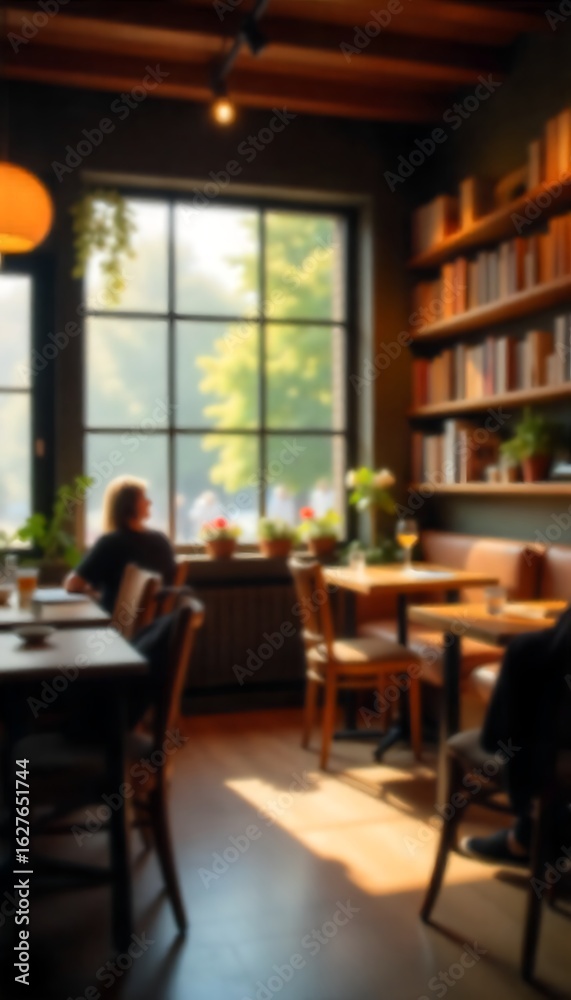 Generative AI Cozy cafe ambiance with blurred patrons enjoying the gentle sunlight streaming Generative AI Cozy cafe ambiance with blurred patrons enjoying the gentle sunlight streaming