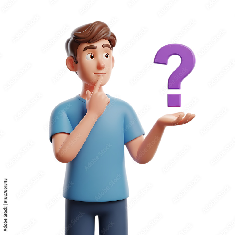Cartoon man with hand on chin and purple question mark floating in his palm isolated on transparent background Cartoon man with hand on chin and purple question mark floating in his palm isolated on transparent background
