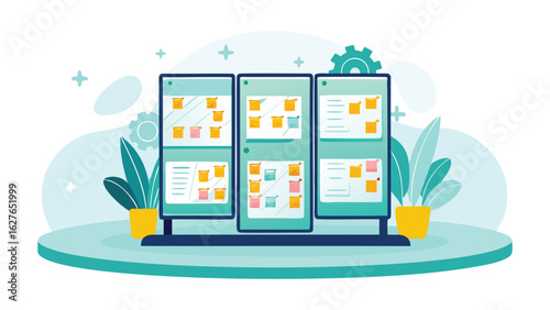 Illustration of a kanban board with sticky notes plants and a gear on a circular light blue platform