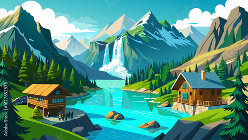 Amazing tourquise Oeschinnensee with waterfalls, wooden chalet and Swiss Alps, Berner Oberland, Switzerland.