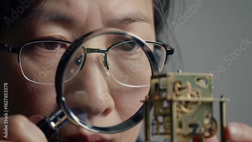 Focused person examining an antique clock mechanism through a magnifying glass
