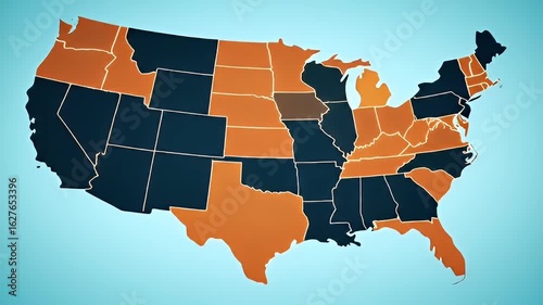 Stylized U.S. map with select states highlighted in orange on light blue background