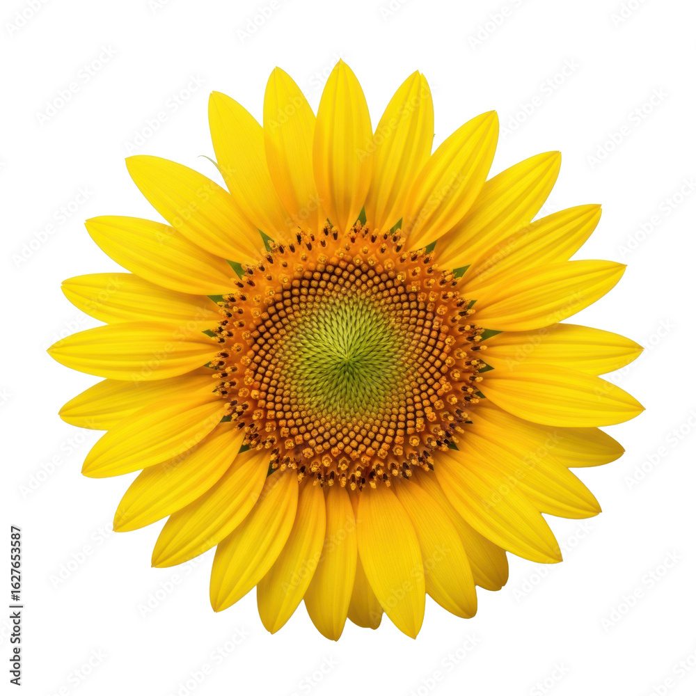 Naklejka premium A vibrant yellow sunflower, orange disc, spiraling patterns, transparent background with copy space, natural light, UHD macro top view, concept of perfection nature and microcosm