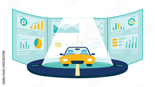 Yellow car on a platform with data charts displayed on screens in the background showcasing information